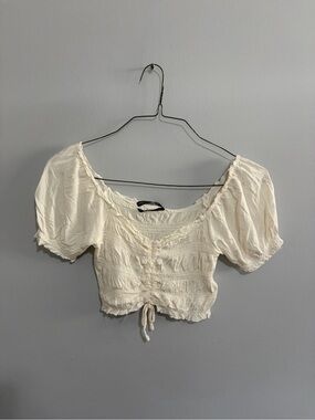 Urban Outfitters Cream Smocked Puff-Sleeve Cropped Top